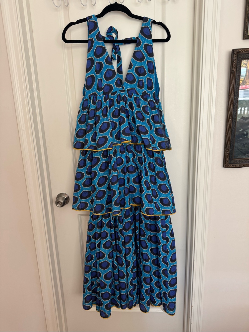 RHODE Blue and Black Tiered Sleeveless Dress with Abstract Spot Print